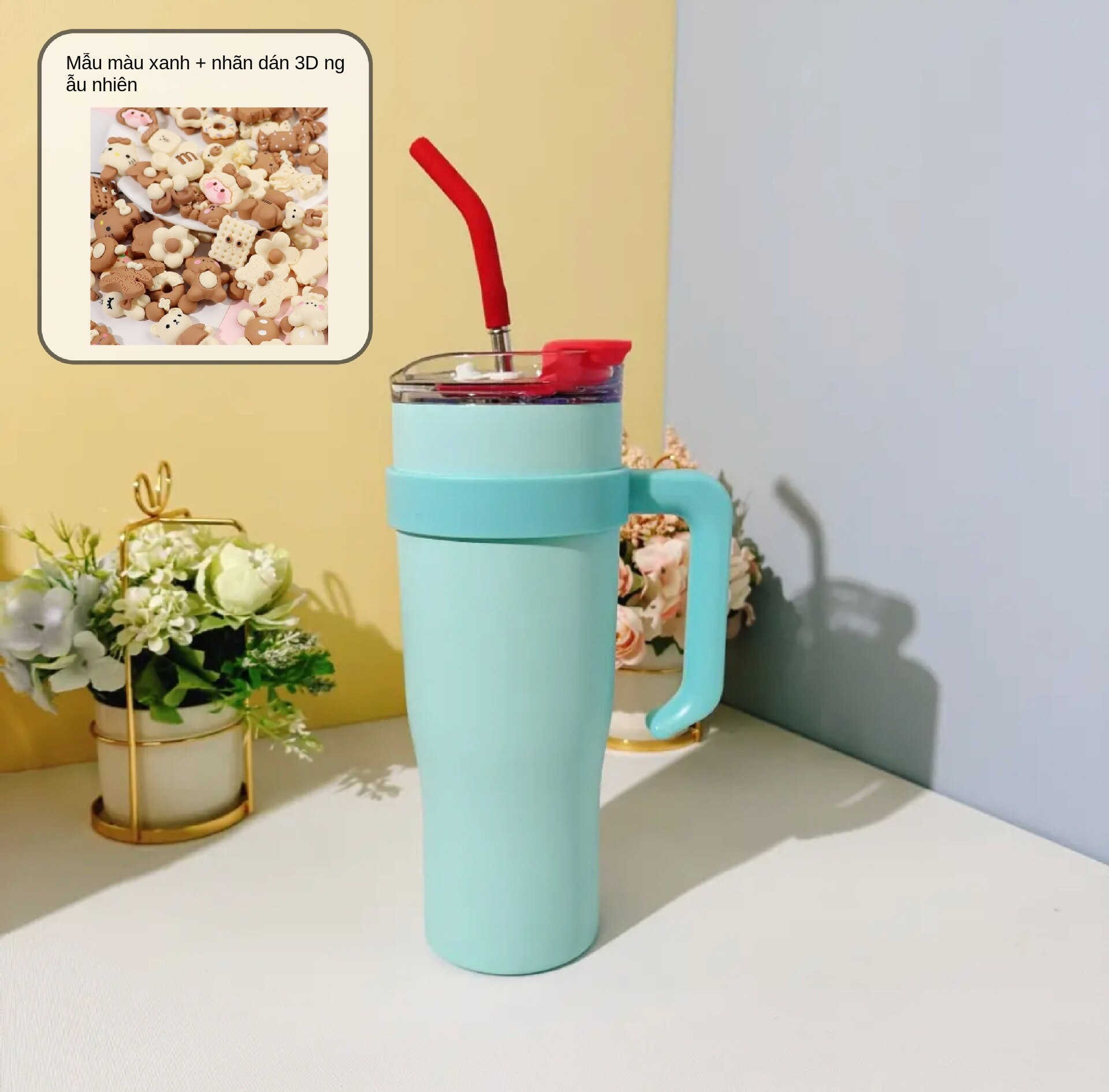 Bình giữ nhiệt 40oz 1250ml Cốc đá Big Mac Cốc nước xe công suất lớn với ống hút Tay cầm cầm tay