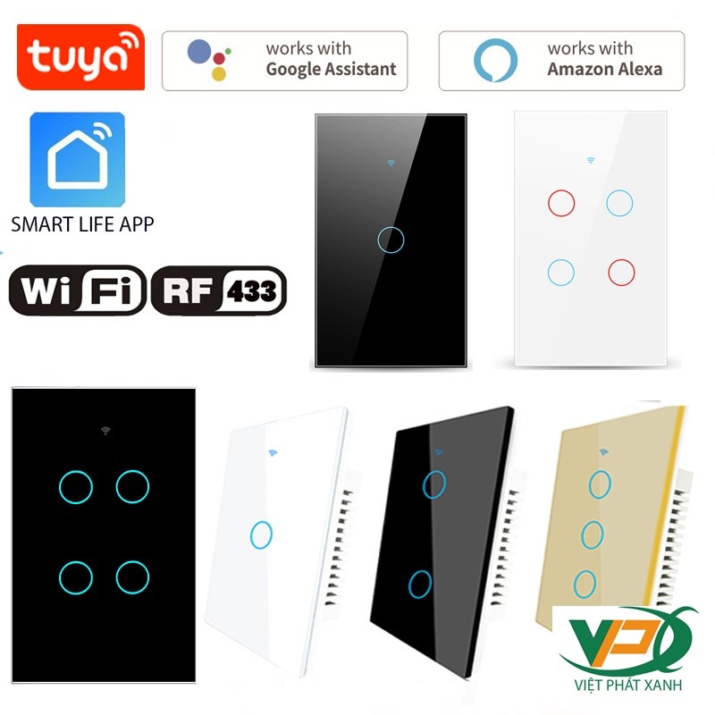 Công tắc thông minh WIFI Tuya Smart + RF433 1.2.3.4 Nút Ấn