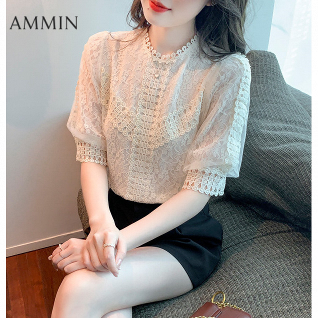 AMMIN 2025 Summer New Simple Stand Collar Fashion Short Sleeve Lace Shirt Women's Korean Style Crochet Hollow Design Sense Puff Sleeve Elegant Blouse ราคา 373 บาท*ส่งฟรี