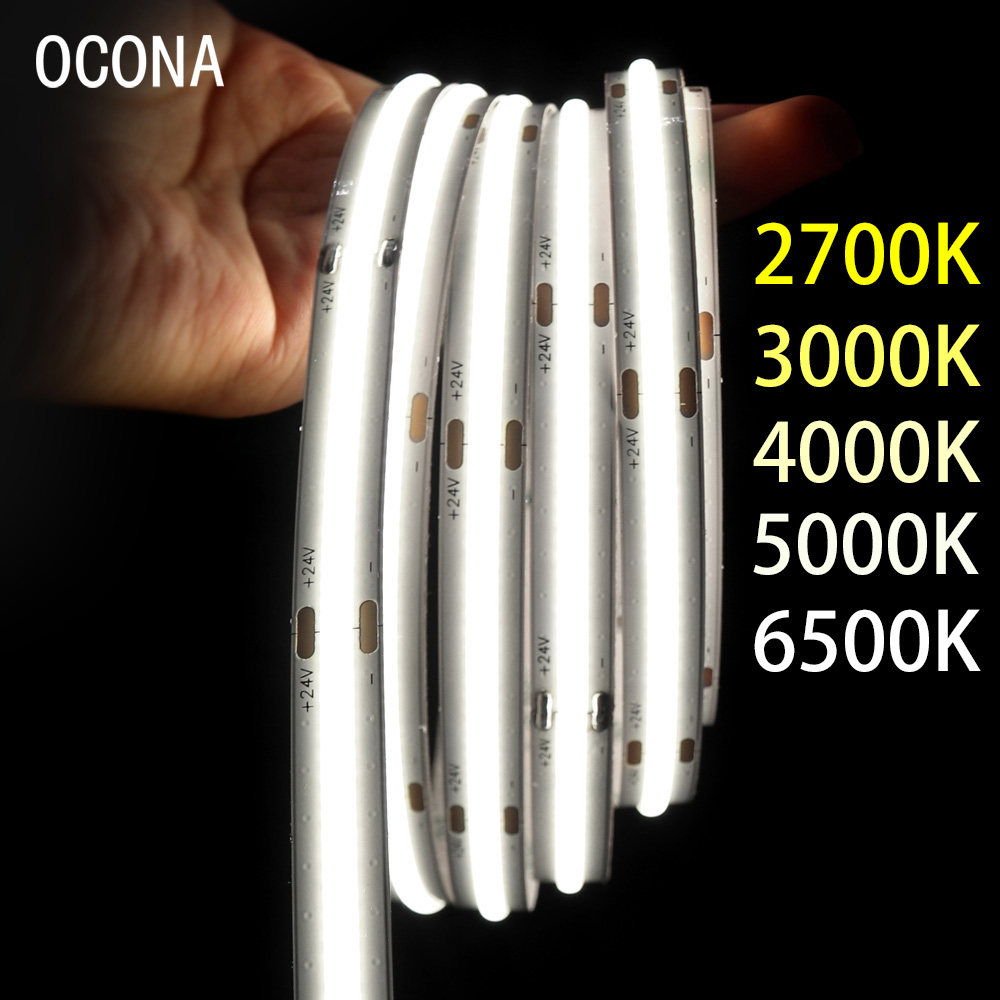 High Brightness Cob Led Strip Lights Cool White Linear Tape Working 10mm 5000k Dimmable 12v/24v Cri90 Quality