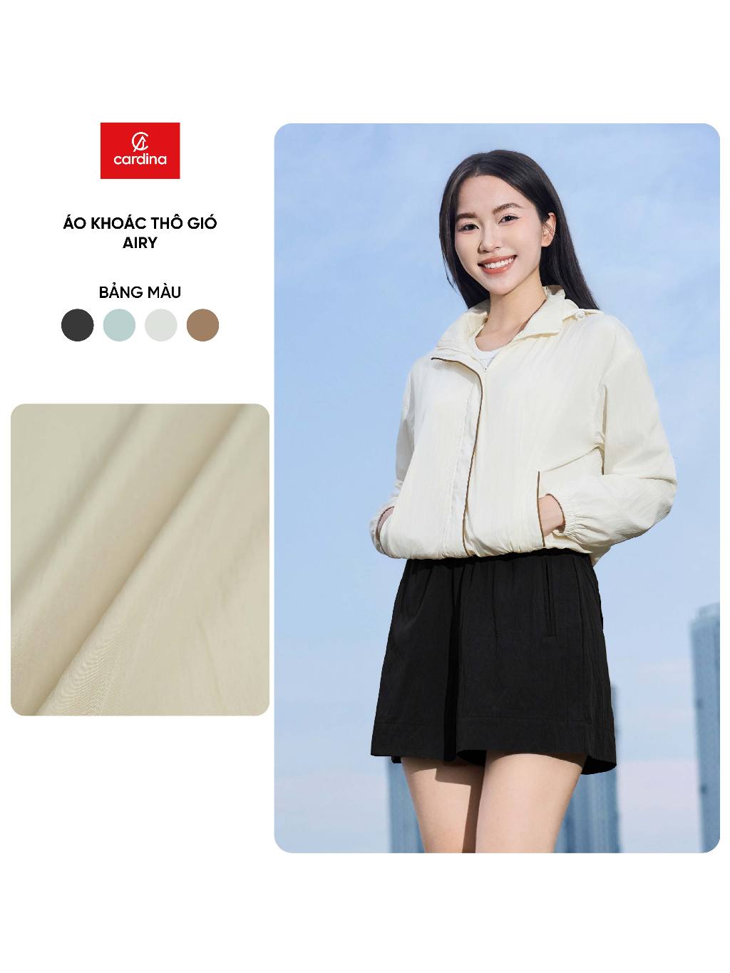 Áo khoác thô gió nữ Airy CARDINA lót lưới 2 lớp dài tay phối viền thể thao 5GNF02
