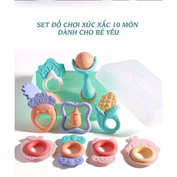 Bộ Gặm Nướu Cho Bé Baby Rattle 10 Chi Tiết (Chính Hãng - full hộp ) , bộ đồ chơi gặm nướu và xúc xắc 10 món có hộp nhựa cao cấp ăn toàn cho bé - Tulifly store