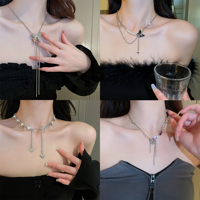 Không thường xuyên kim loại lỏng Vòng Cổ Zircon Mặt dây chuyền Bướm chuỗi dây có thể điều chỉnh cá tính Punk hiphop đồ trang sức