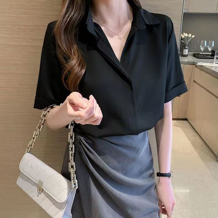 LUNAáo kiểu áo girl phố nữ Nữ mùa hè áo sơ mi màu đen mỏng thiết kế cảm giác nhỏ chiffon đầu 2024 mớ