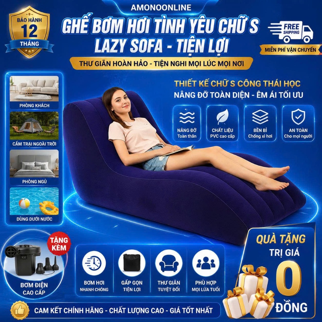 Tặng Vận Chuyển - Ghế bơm hơi tình yêu chữ S Lazy Sofa - Tiện Lợi - ( tặng Kèm Bơm Điện )