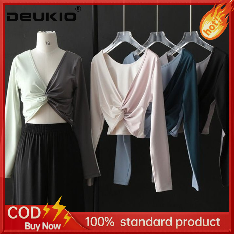 DEUKIO Yoga wear long sleeve t-shirt women's kink, contrast reversible wear sports, outdoor workout, running top ราคา 148 บาท*ส่งฟรี