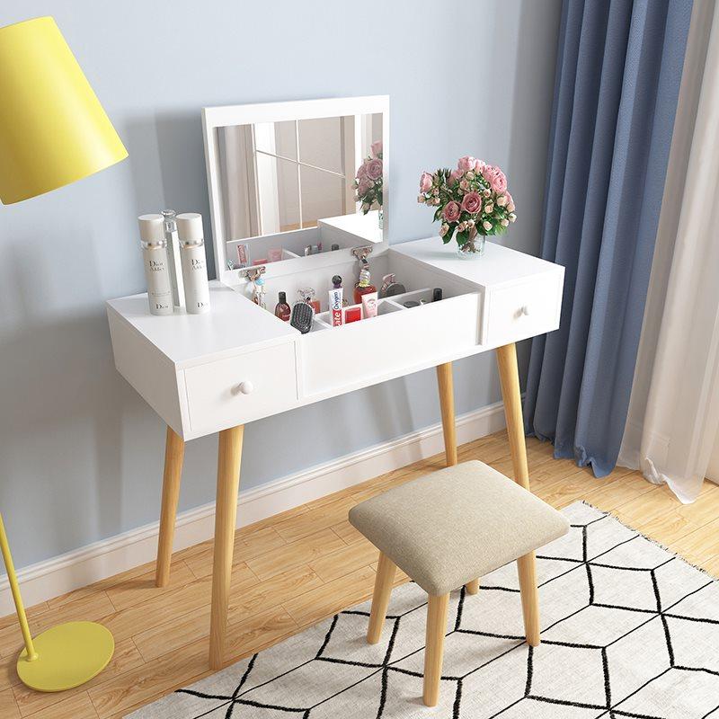 White Fold Down Mirror Dressing Makeup Table With Chair - 90cm