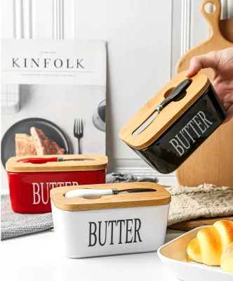 Butter Box Sealing With Wood Lid Knife Food Dish Ceramic Keeper Tool Cheese Storage Tray Plate Container For Kitchen