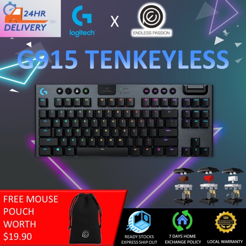 Logitech G915 TKL Tenkeyless Lightspeed Wireless RGB Mechanical Gaming Keyboard, Low Profile Switch Options, LIGHTSYNC RGB, Advanced Wireless and Bluetooth Support - Clicky - Tactile - Linear [24 hours delivery] Singapore