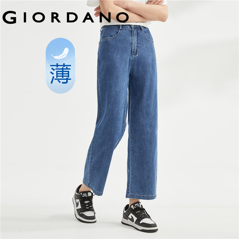 GIORDANO Women Denim Jeans Half Elastic Waist Fashion Denim Pants Wide Leg Lightweight Ankle Length Casual Denim Pants 18423003