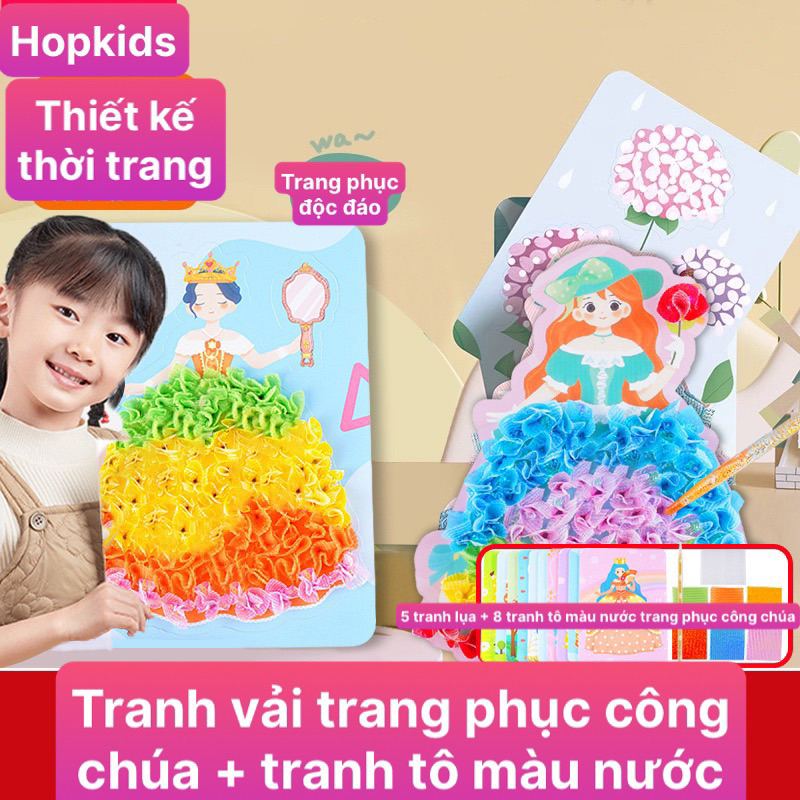 Tranh vải cho bé thiết kế thời trang tranh chọc poke, tranh lụa 3D, kèm tranh tô màu nước cho bé sáng tạo