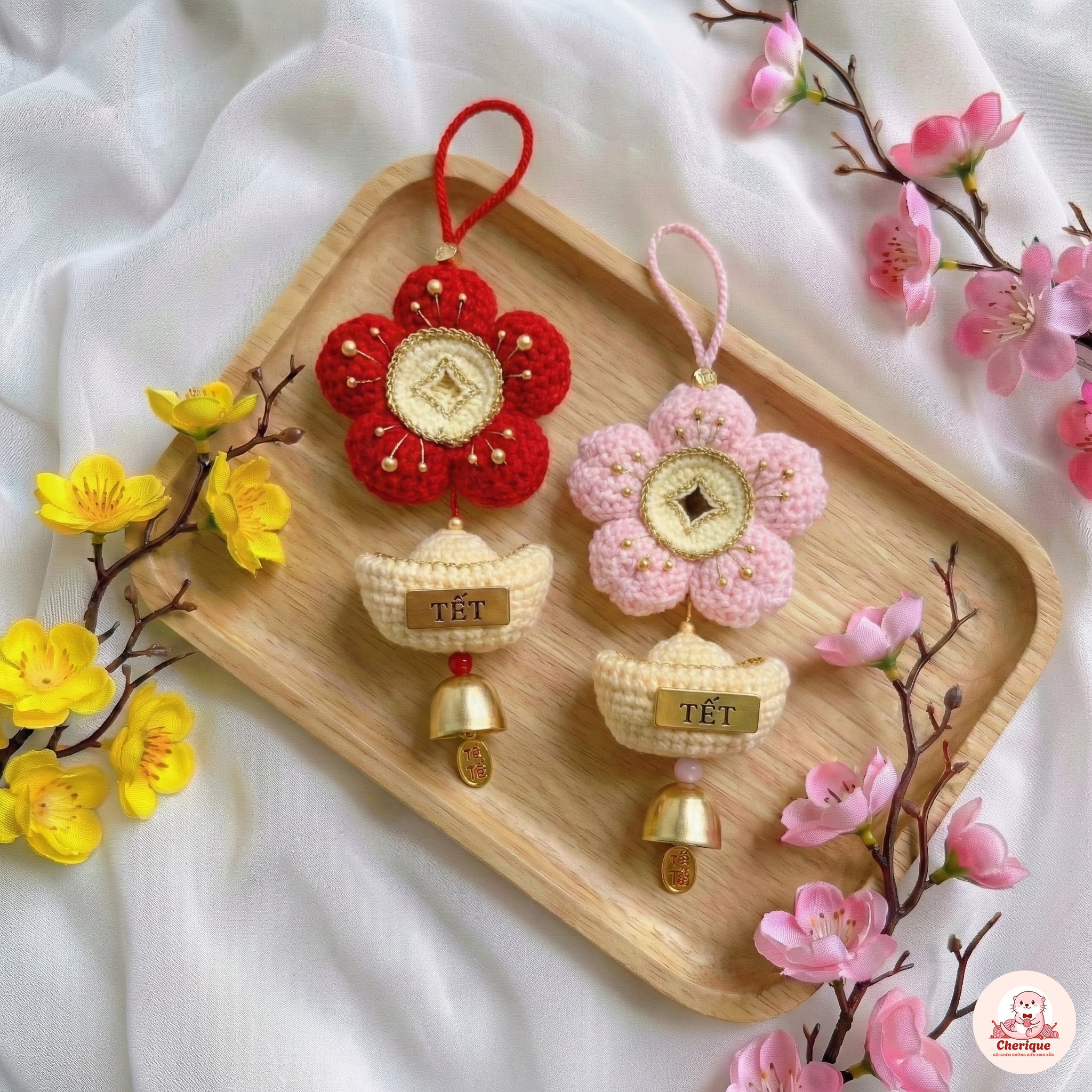Móc khóa hoa mai len Tết handmade