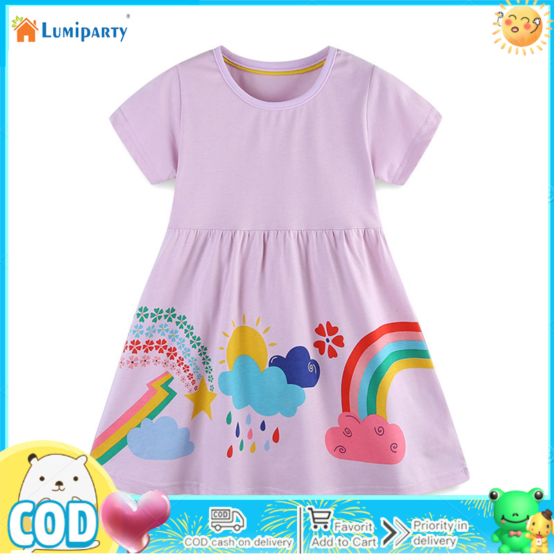 Girl Summer Casual Dress Short Sleeve Party Princess Cartoon Printed Round Neck Knitted Cotton Skirt ราคา 204 บาท*ส่งฟรี