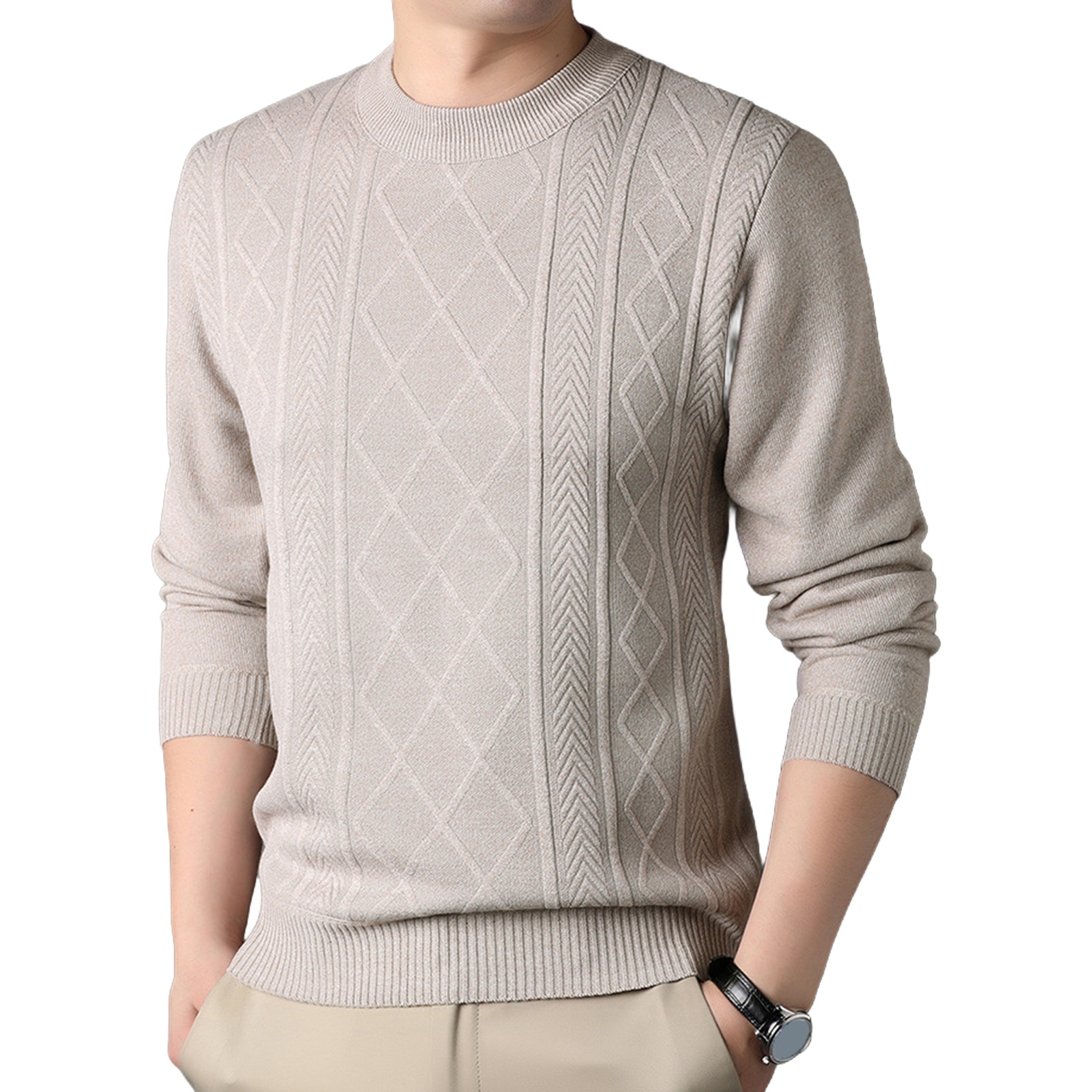 Fall Winter Sweater Round Neck Long Sleeves Solid Color Thick Stretchy Loose Knitted Warm Pullover Mid Length Daily Wear Top