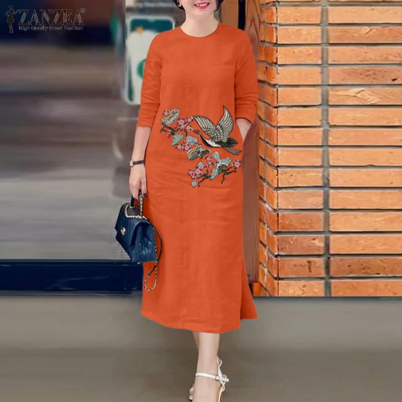Fancystyle ZANZEA phụ nữ 3/4 Tay áo cổ tròn ăn mặc thêu hoa chia Midi váy thanh lịch #7