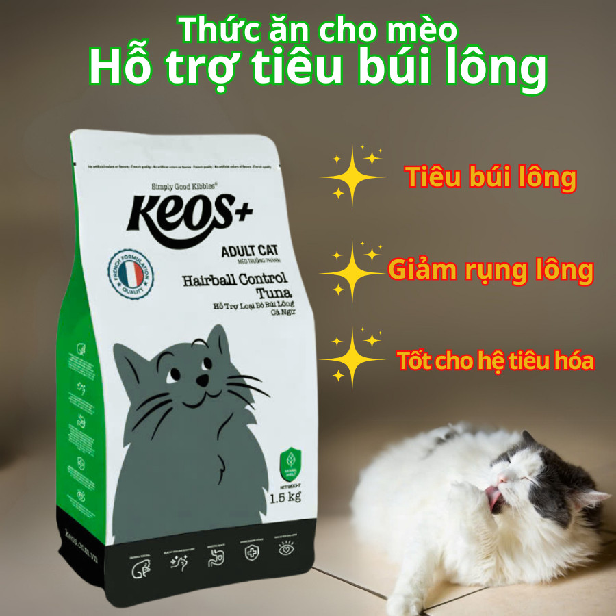 1.5 KG - Thức ăn mèo Keos+ Giảm Búi Lông - Vị Cá Ngừ (350gr - 1.5kg)