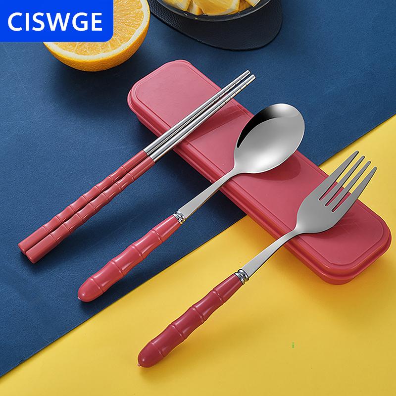 [COD] CISWGE  3 cái Đũa Thìa Dĩa bộ của thép không gỉ di động Bộ đồ ăn tái sử dụng du lịch dã ngoại dao kéo với hộp
