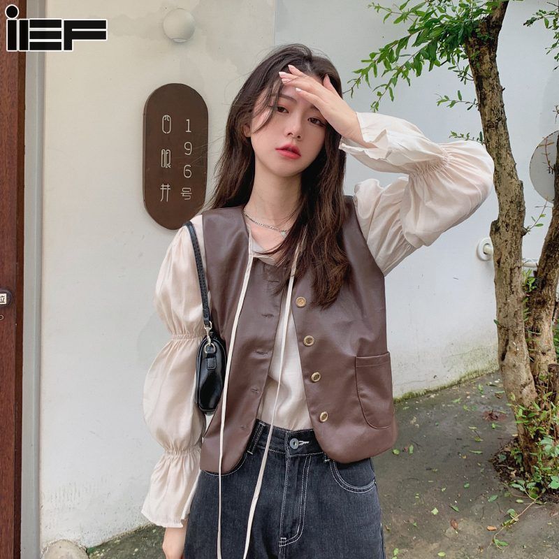Ief Áo vest nữ áo chất liệu da Pu không tay retro Áo vest mùa thu 2024 phong cách Hàn Quốc mới thời trang đa năng cao và Áo ghi lê dáng ôm cho nữ