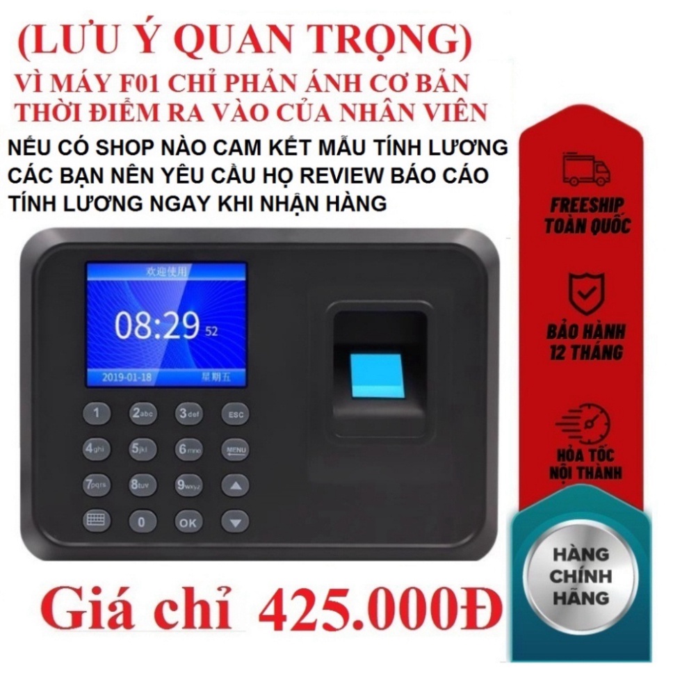 Máy Chấm Công Vân Tay uyên thâm F01 (Tiếng Việt) (Tặng USB + Cáp sạc) (Bảo Hành 12 Tháng) . .