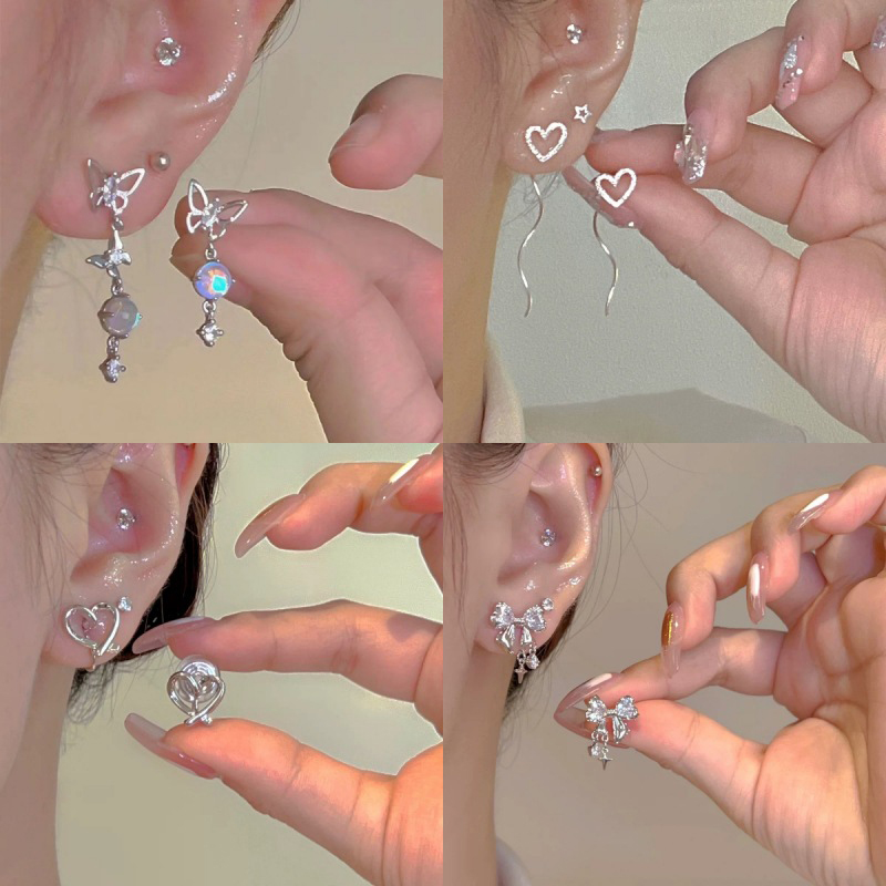 shiqinbaihuo 1 Cặp Kẹp tai ngọc trai Zircon bất đối xứng phong cách Hàn Quốc cho phụ nữ cá tính Bông tai thời trang trang sức Cưới Quà tặng sinh nhật