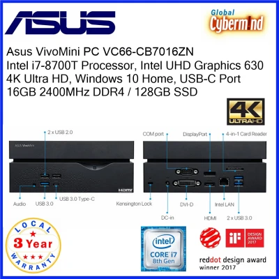 ASUS VivoMini PC VC66 (CB7016ZN) Intel Core i7-8700T Processor, 16GB 2400MHz DDR4, 128GB SSD, Win10 Home, Wireless Keyboard and Mouse