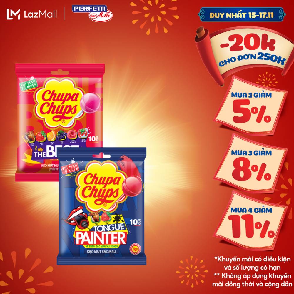 Kẹo mút Chupa Chups Gói 10 que Hương trái cây hỗn hợp và kẹo mút tô màu lưỡi hương Dâu và Cola