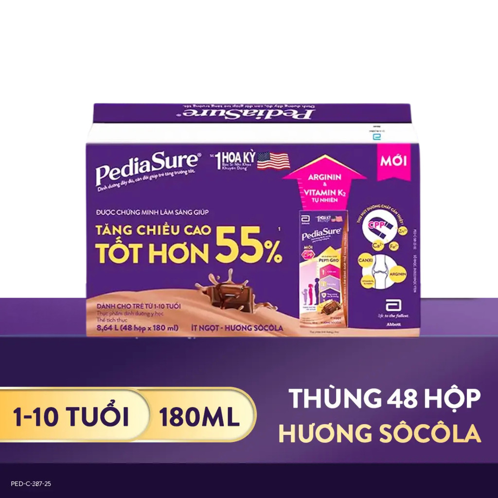 Thùng 48 Hộp Sữa nước Pediasure Socola ít ngọt 180ml (Bao bì thay đổi theo đợt)