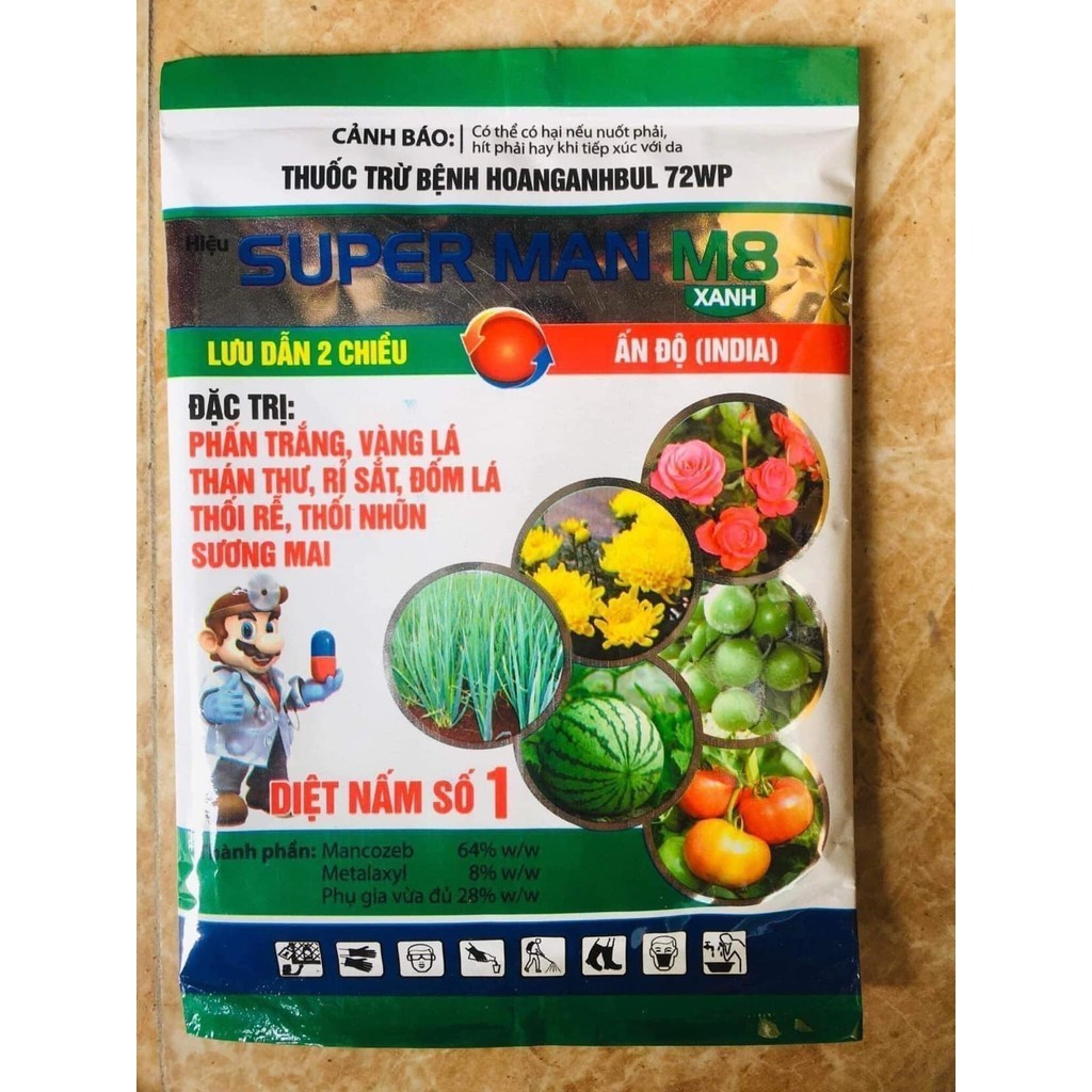 sản phẩm Super Man m8 xanh ấn độ lưu dẫn 2 chiều Đặc trừ phấn trắng, vàng lá. Thán thư, đốm lá, thối rễ, thối nhũn, sương mai.
