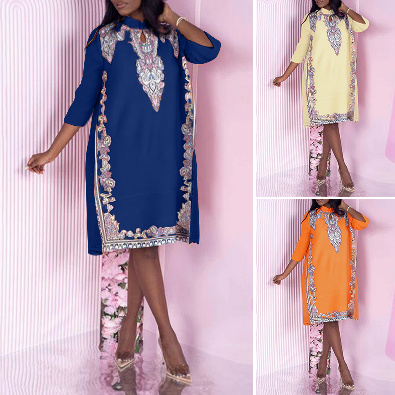 ChArmkpR Store vonda Đầm sơ mi rộng cổ đứng thời trang cho Nữ ĐầM 3/4 Tay in họa tiết (Hoa Hàn Quốc)
