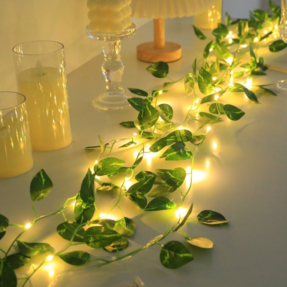 CANGMOTION Plastic Leaf Garland String Lights Warm Light Battery Powered Artificial Vine Fairy Lights Golden Leaves LED Garland Lights Indoor Outdoor Decor