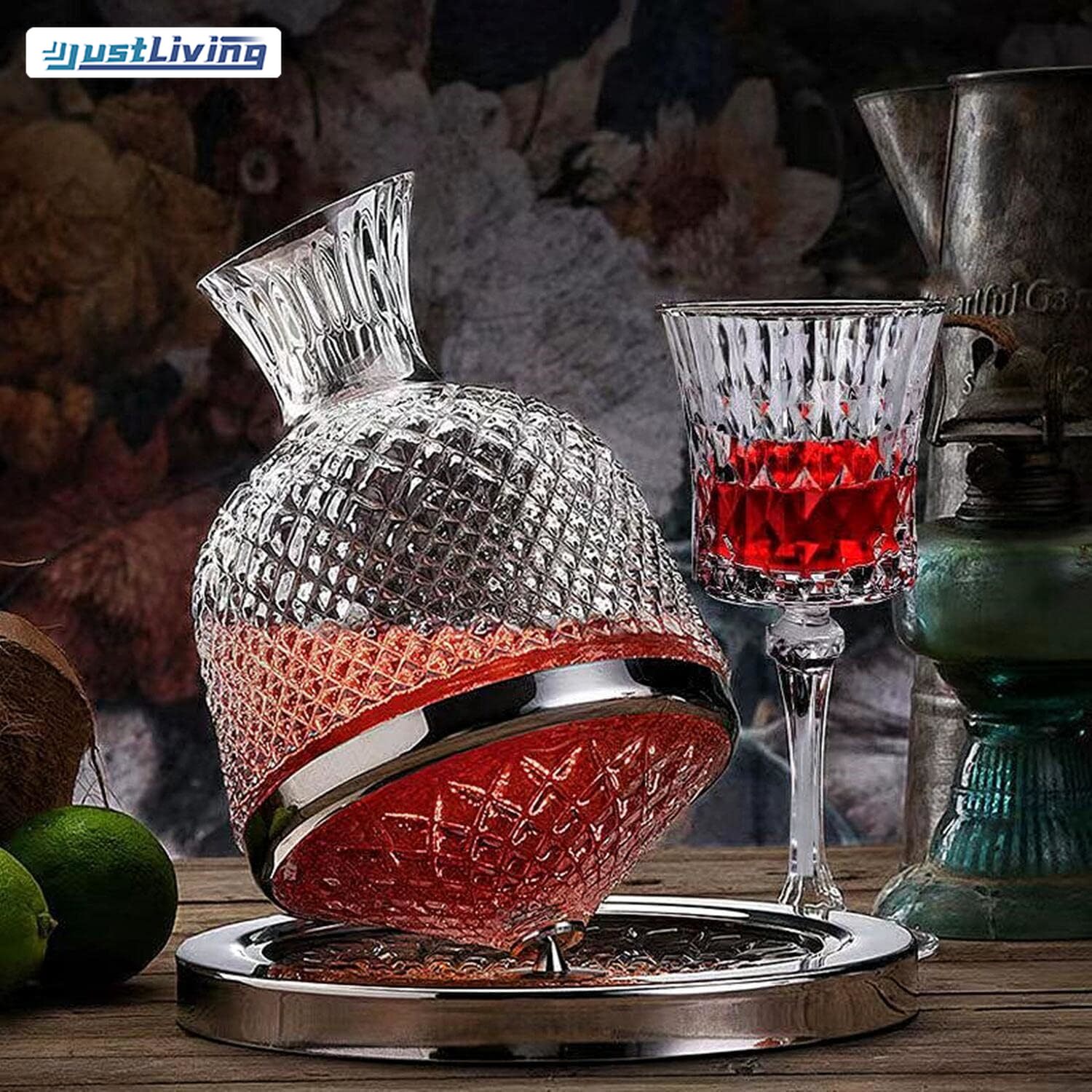 JustLiving Wine Decanter - Spinning Crystal Red Wine Decanter Carafes, Jarler 1.5L Rotating Hand Blown Crystal Glass Wine decanter with Aerator Quick Wake Up ราคา 1,416 บาท*ส่งฟรี