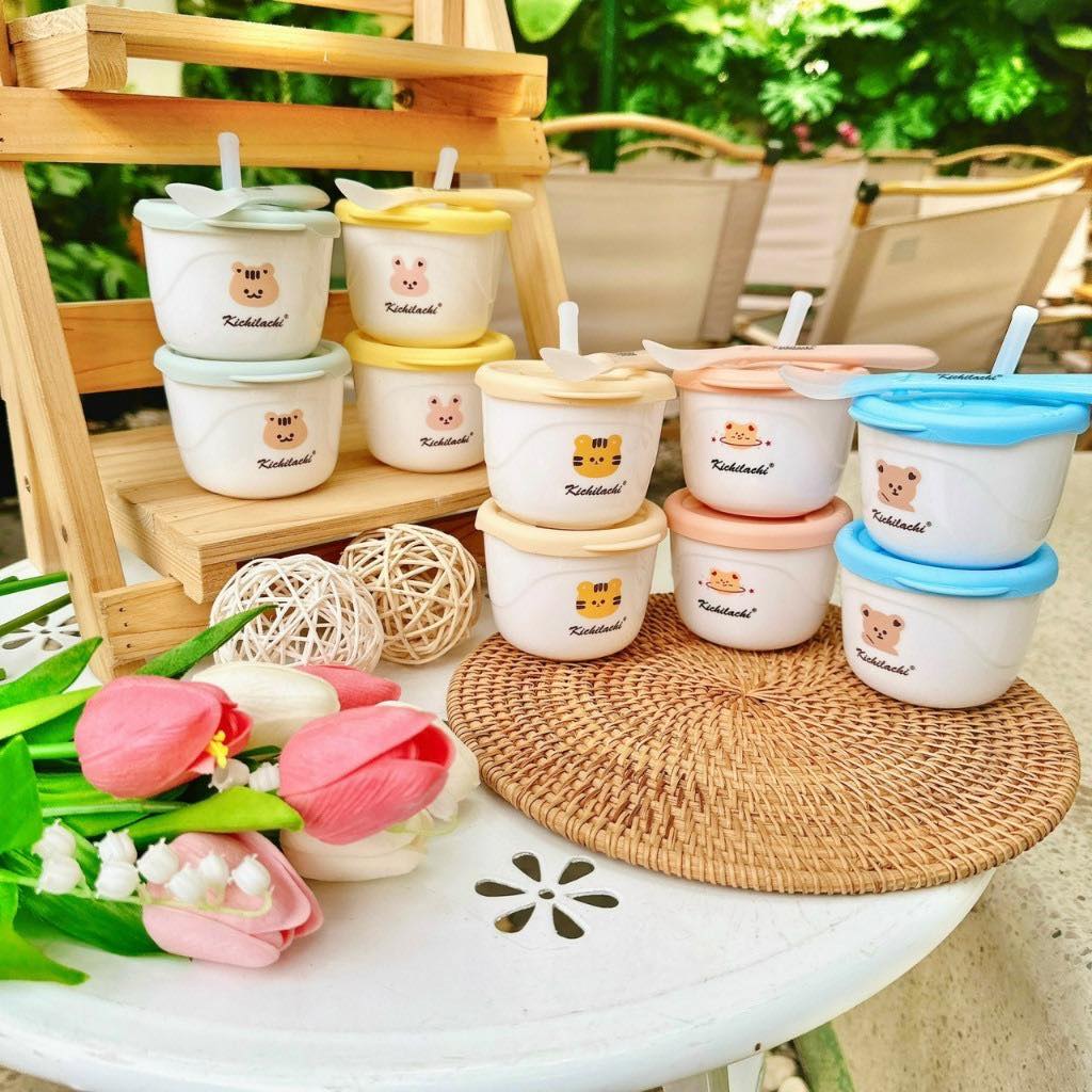 Bộ cốc và chén ăn dặm Kichilachi - Nababyshop_ăn dặm hữu cơ Cốc Tập Hút Tập Uống Nước 3 Giai Đoạn Ki