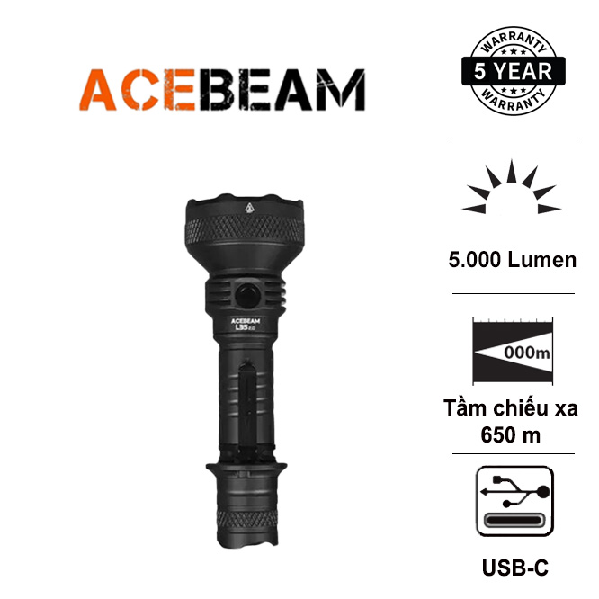 Đèn pin tác chiến ACEBEAM L35 2.0 độ sáng 5000 lumen tầm chiếu xa 650m pin 21700 5000mAh công tắc kép