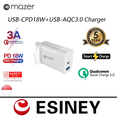 Mazer/M-PD-016PT-WH/POWER.BOOST USB-CPD18W+USB-AQC3.0 Charger/110-240V-WHITE plug