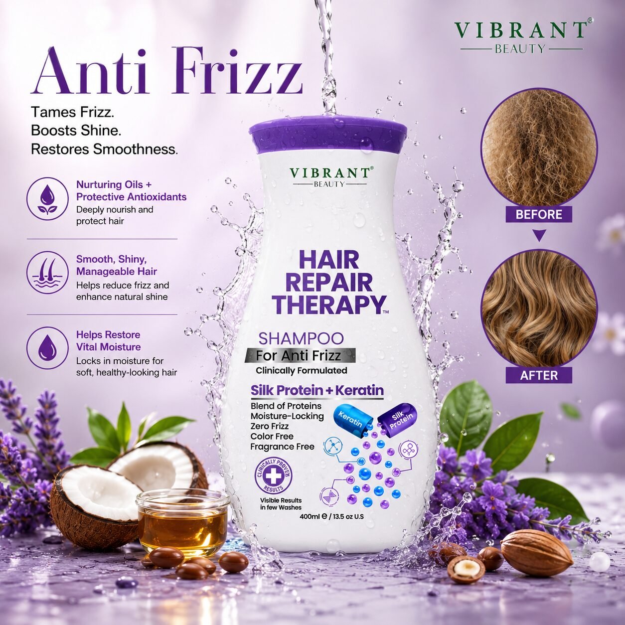 Vibrant Beauty Hair Repair Therapy Shampoo For Anti-Frizz (Silk Protein + Keratin) | Hair Cleansing Care | 400ml