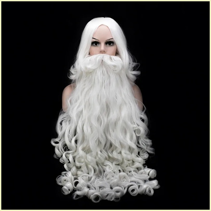 [Christmas Party] Santa Cosplay Santa Claus Wig and Beard Cosplay Wigs White Hairpiece Accessories Santa Beard 60cm For Christmas New Year Gift