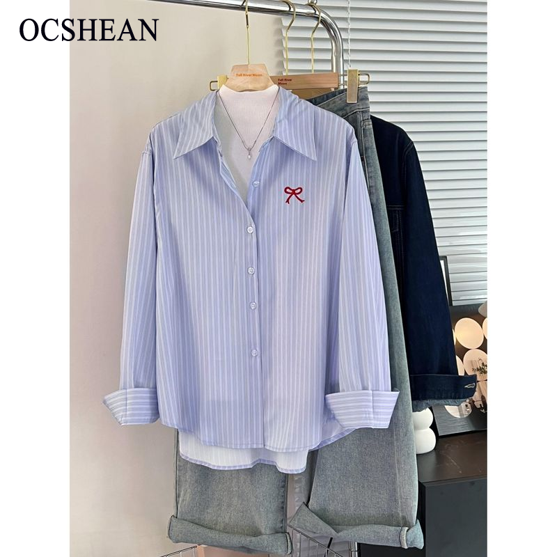 OCSHEAN เสื้อเชิ้ตปักลายทางสีน้ำเงินสำหรับผู้หญิงเสื้อพร็อพแฟชั่นฤดูใบไม้ผลิ ราคา 131 บาท*ส่งฟรี