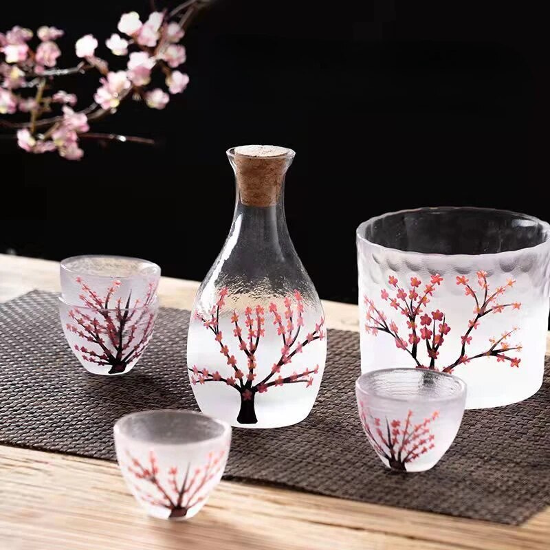 【】 Japanese Sakura Sake Glass Set Handmade Glass One Or Two White Glasses Glass Warmer Set