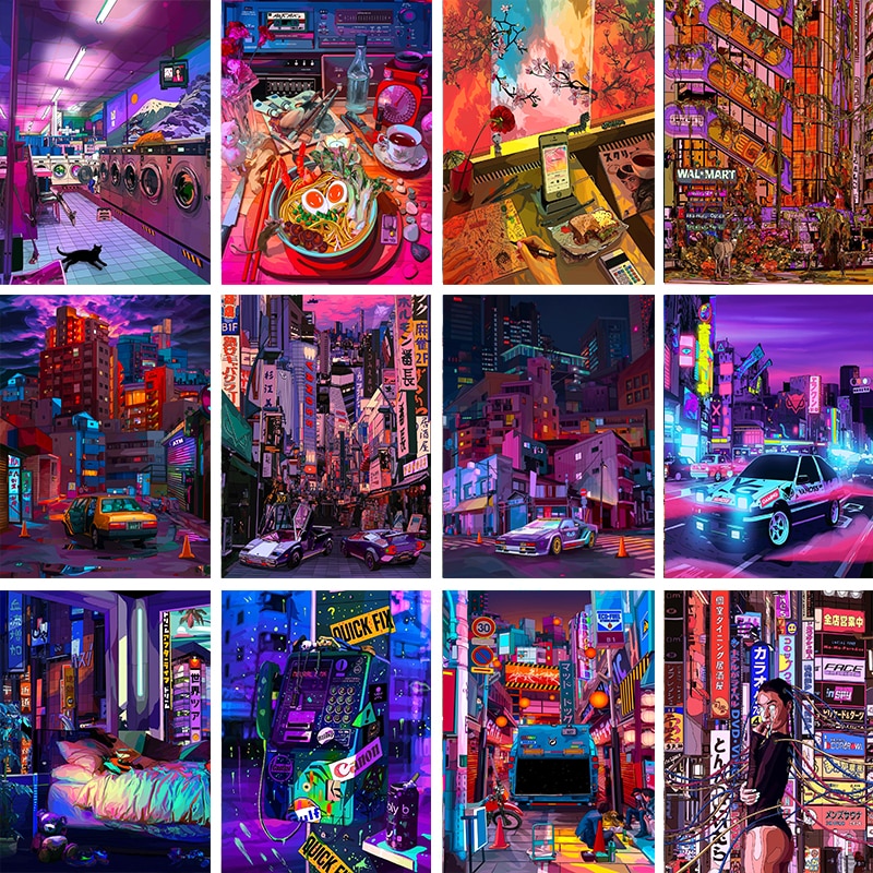 Đêm Neon thành phố đường phố Poster thập niên 80 illustrazion tưởng tượng xe mèo ae86 Anime sơn tường nghệ thuật trang trí nội thất Kawaii trang trí phòng vải mới