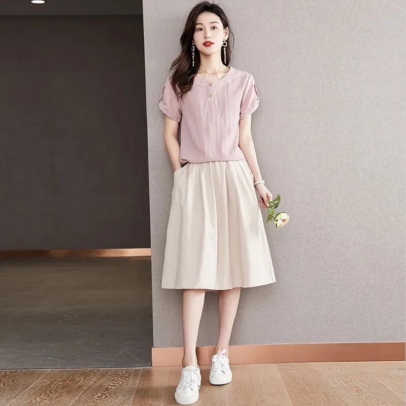 Useastudio Đầm Hai Mảnh cho nữ vải lanh và cotton hè Bộ váy cao cấp 2023 eo cao mới treo lên cao cấp 502s123