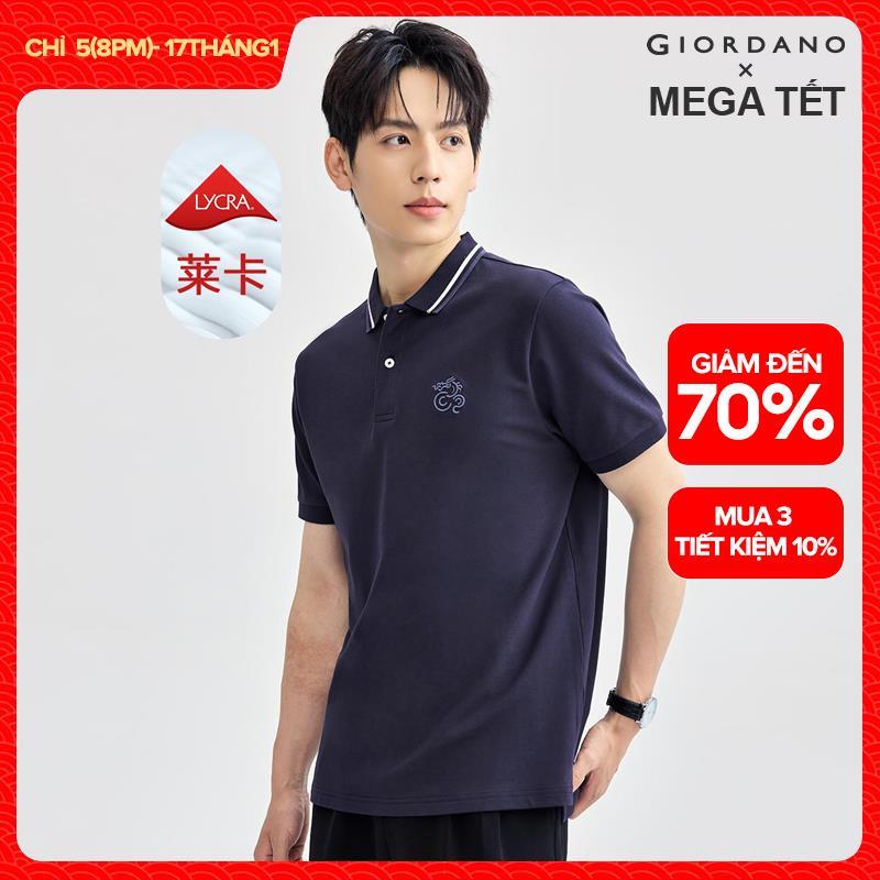 GIORDANO Áo polo nam vải pique cotton co giãn tốt tay ngắn thêu hình sư tử 3D thời trang 01011422