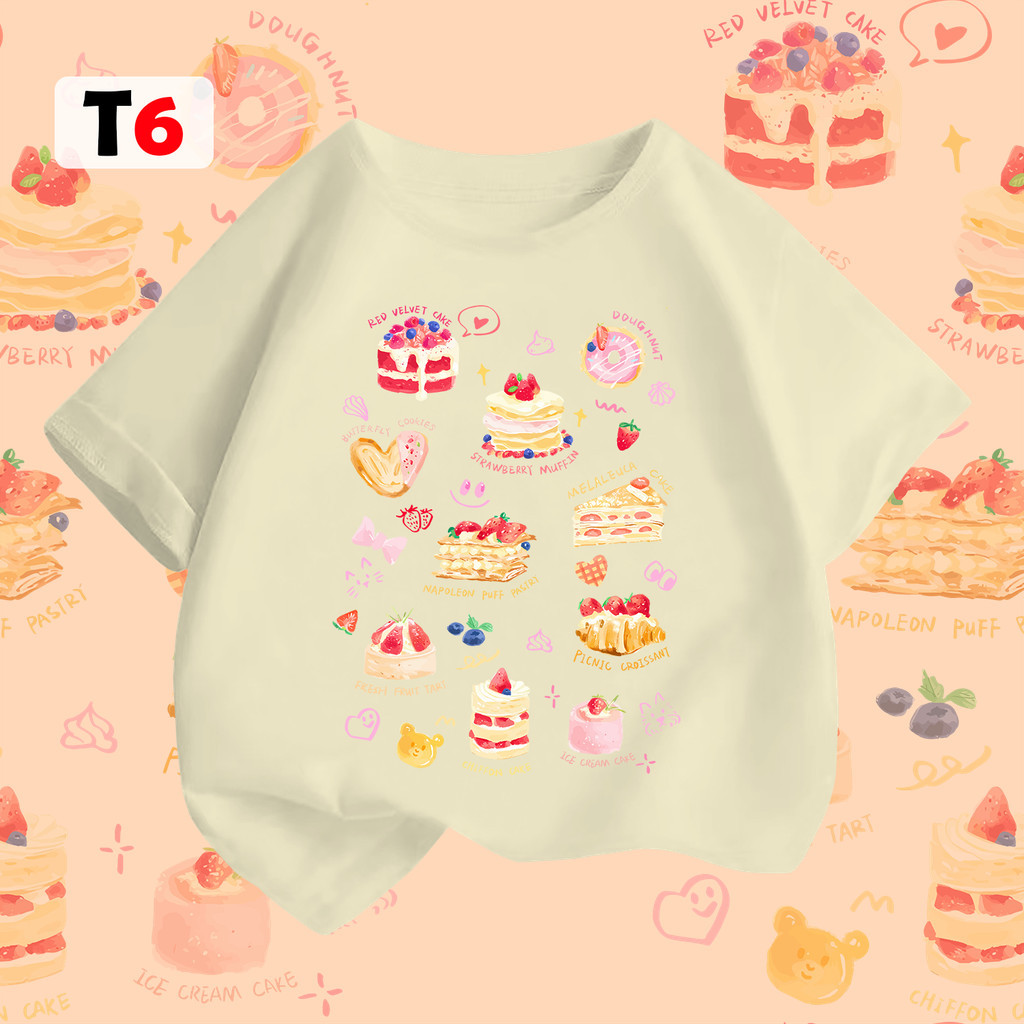T6⚡พร้อมส่ง⚡kids clothes เสื้อยืดคอกลมเด็กผ้าฝ้าย เค้กน่ารัก🌼100% Cotton 6สี 100-140 ราคา 149 บาท*ส่งฟรี