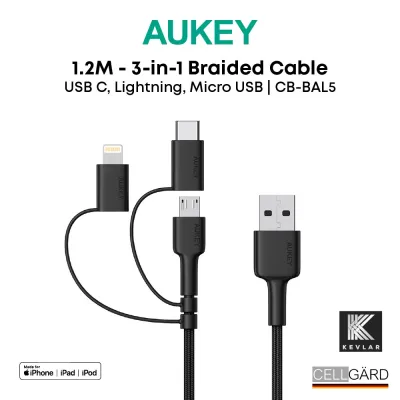 Aukey CB-BAL5 3 in 1 Braided Cable (USB C, Lightning, Micro USB)