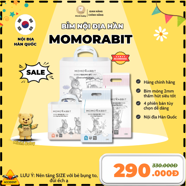 Michibaby- Bỉm MOMORABBIT Hàn Siêu Mỏng, Siêu Thấm Hút, An Toàn Với Da Bé - MC348