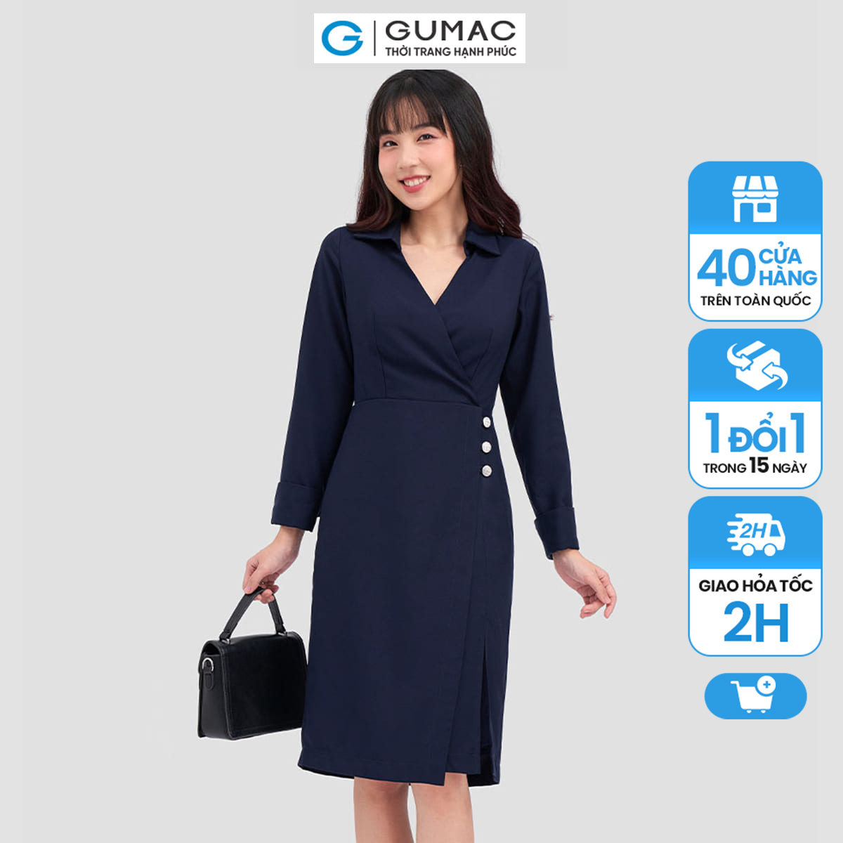 Đầm đắp chéo phối nút dc12081 thời trang gumac