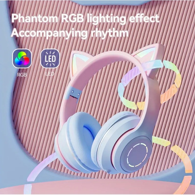Tai nghe chụp tai mèo bluetooth 5.3 đèn led mẫu mới,tai nghe chơi game học online headphone có đèn led