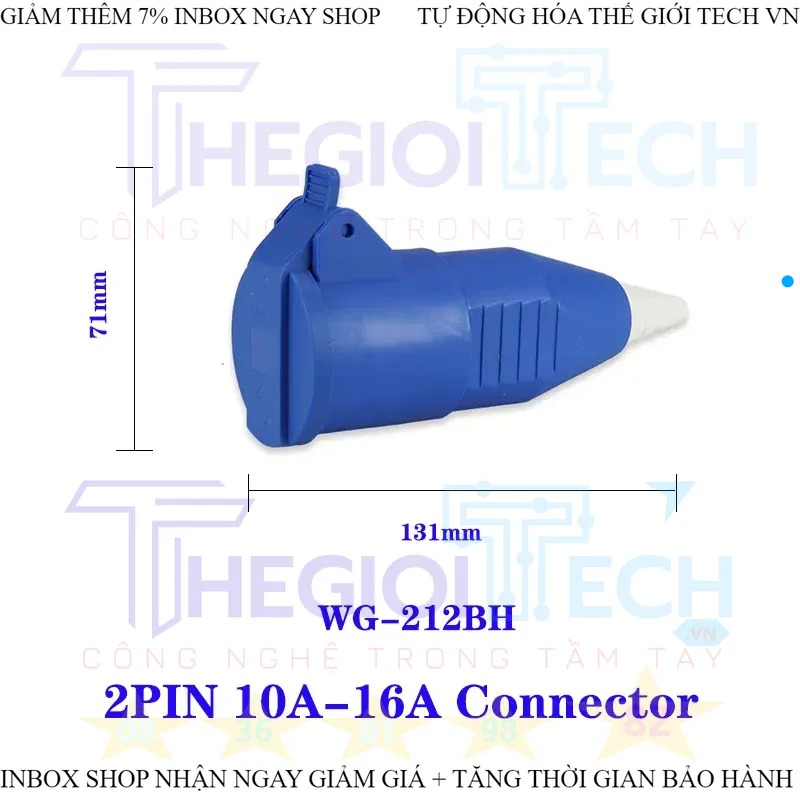 Phích cắm + ổ cắm 2P 16a kết nối kiểu công nghiệp hai lỗ 2 chấu + PE chống nước và chống bụi treo tường ổ cắm 220V 1 PHA - WG-212BH