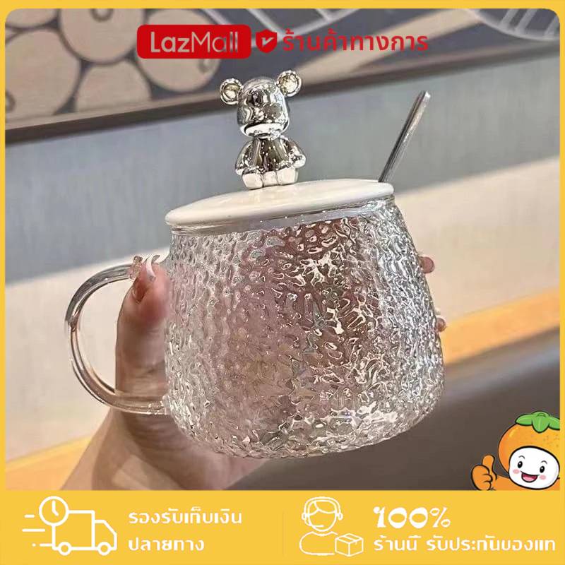 YTL แก้วฝาหมีชงกาแฟ 400ML รูปหมี พร้อมฝาปิด+ช้อน ถ้วยนม Bear glass ราคา 26 บาท*ส่งฟรี