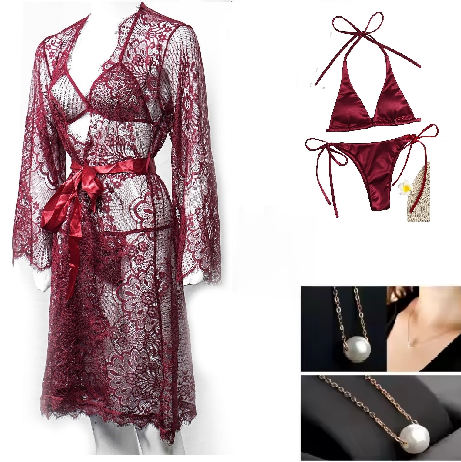Pack of 04 - High Qaulity Lace Net See Through Bridal Nighty Set Pratiharye Valentine Special! Babydoll Nightwear Net Robe/Chemise with Bikini Set | Hot & Saxy | for Honeymoon/First Night Anniversary for Women/Girls Best gift with Necklace.,,.,...