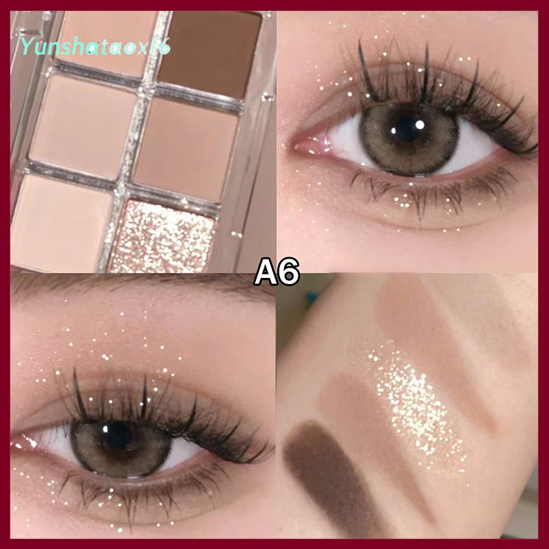 yunshataoxf 6 màu sắc Matte Eyeshadow Palette ánh sáng lung linh long lanh đất màu thấp bão hòa bóng mắt sắc tố lâu dài mỹ phẩm - 6